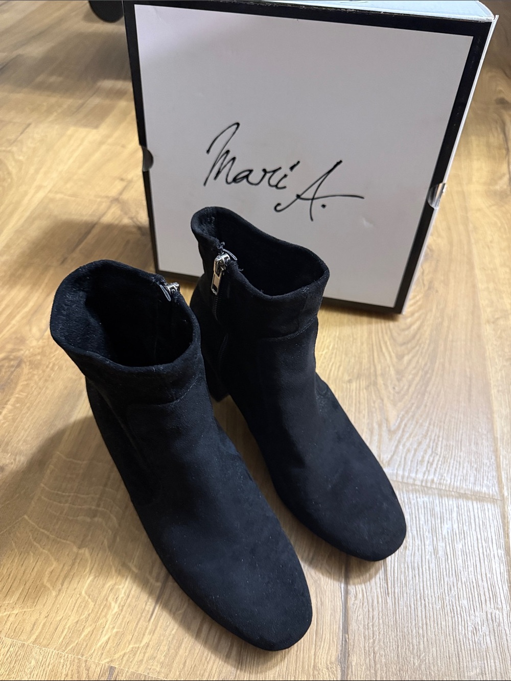 Mari A. Black Faux Suede Ankle Booties with Side Zip